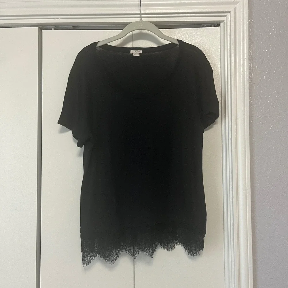 J. Crew Black Lace Trim Blouse Short‎ Sleeve Casual Top Size L